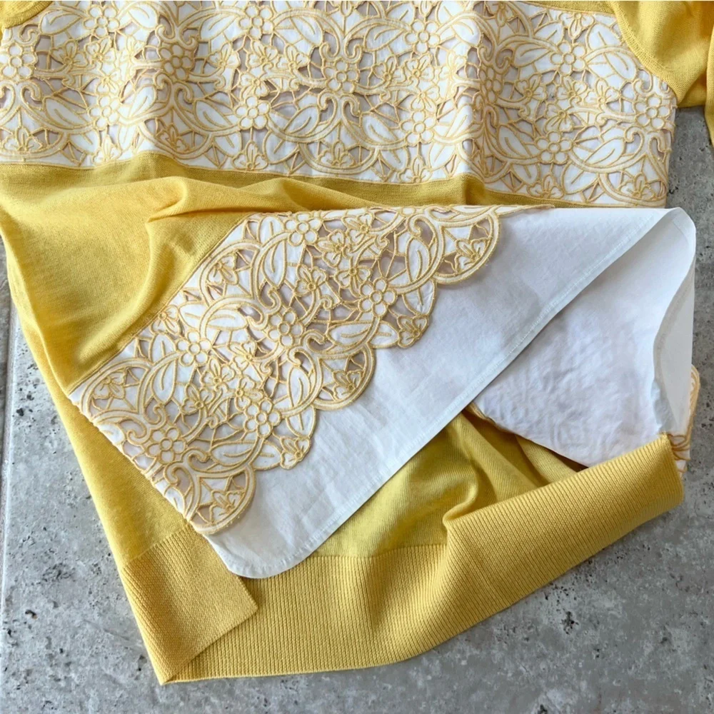 Tory Burch Edwina Embroidered Panel Merino Collared Sweater, Sun Yellow, S/P